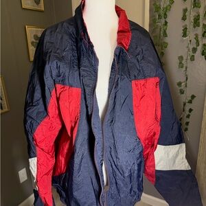 90s Vintage Champion Men's Windbreaker in Dark Blue and Bright Red